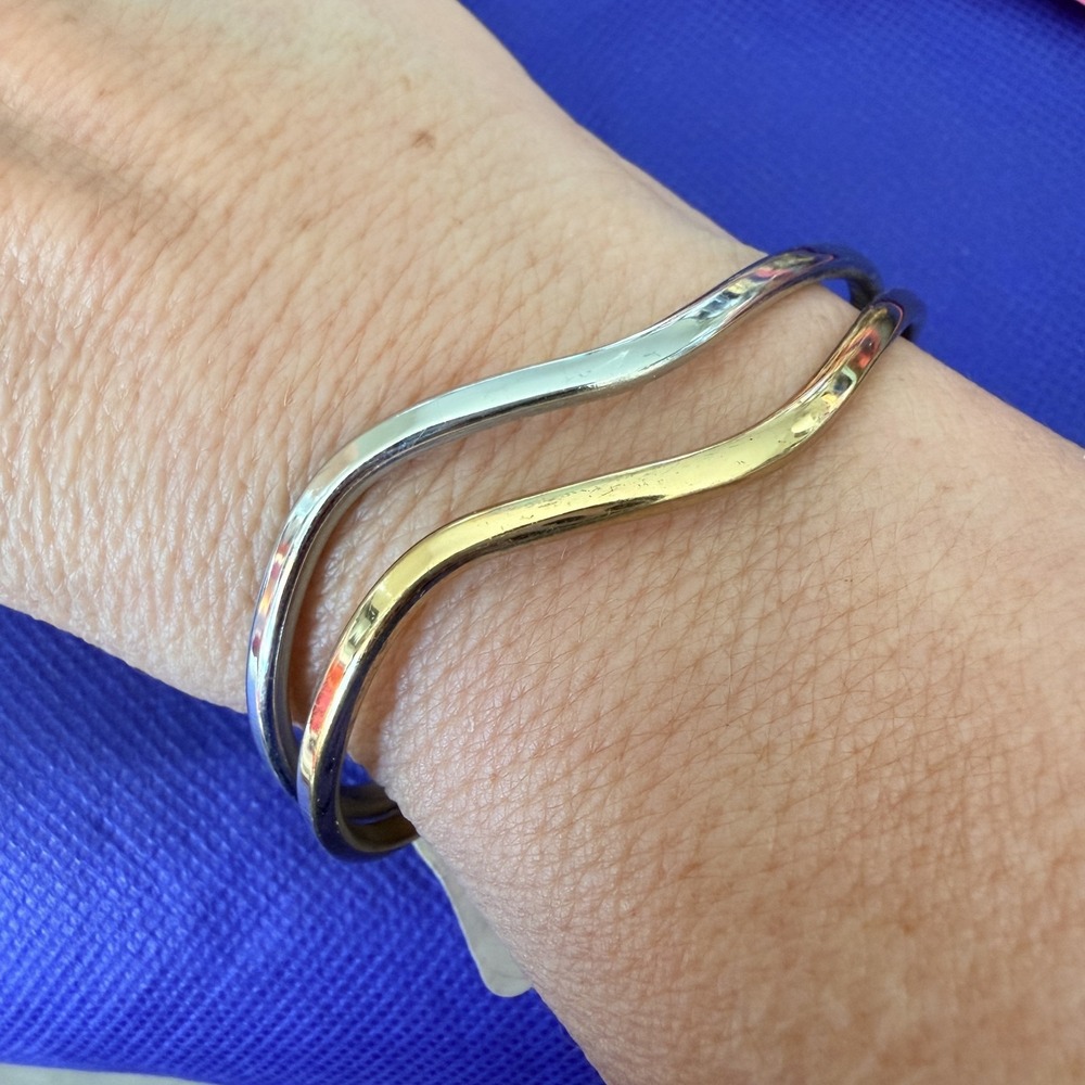 Sergio Lub Silver Gold Tone Wave Cuff Bracelet Womens Magnetic Handmade USA